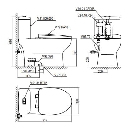 Bản vẽ kỹ thuật Bồn cầu 1 khối nắp rơi êm Viglacera V809