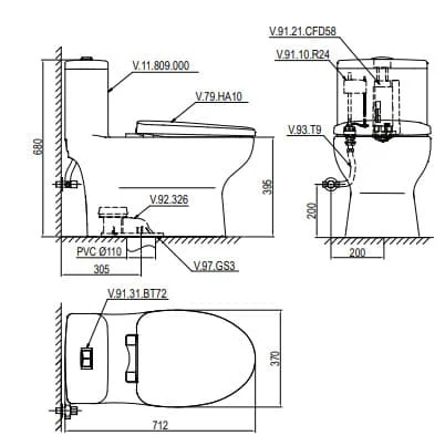 Bản vẽ kỹ thuật Bồn cầu 1 khối nắp rơi êm Viglacera V809