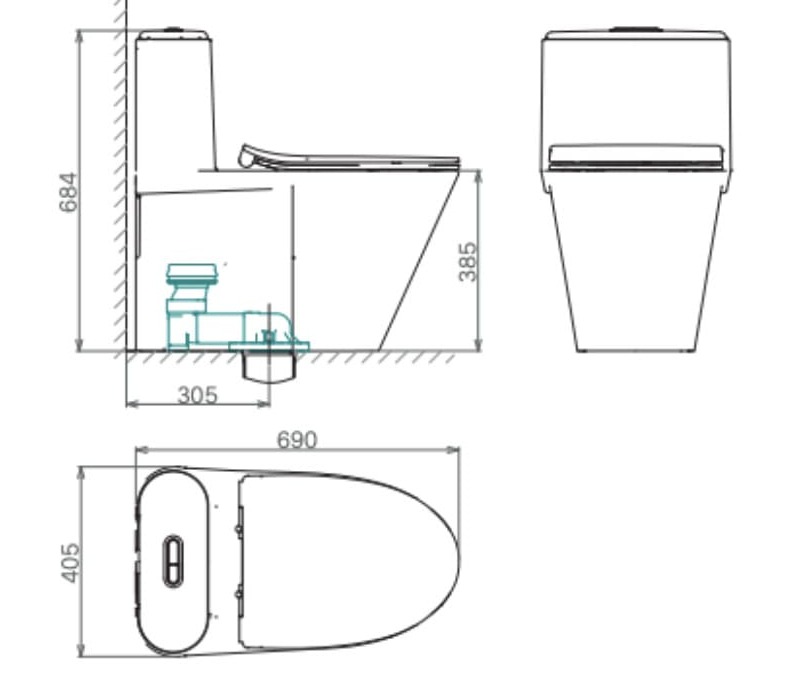Bản vẽ kỹ thuật Bồn cầu 1 khối nắp rơi êm Viglacera V812 