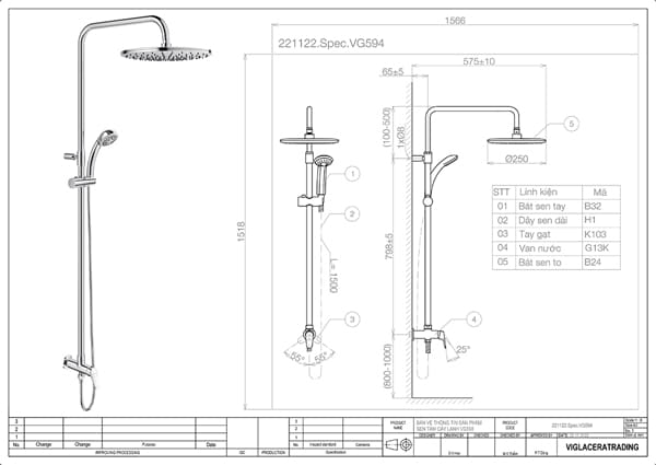 Bản vẽ kỹ thuật Sen tắm cây 1 chế độ Viglacera VG594