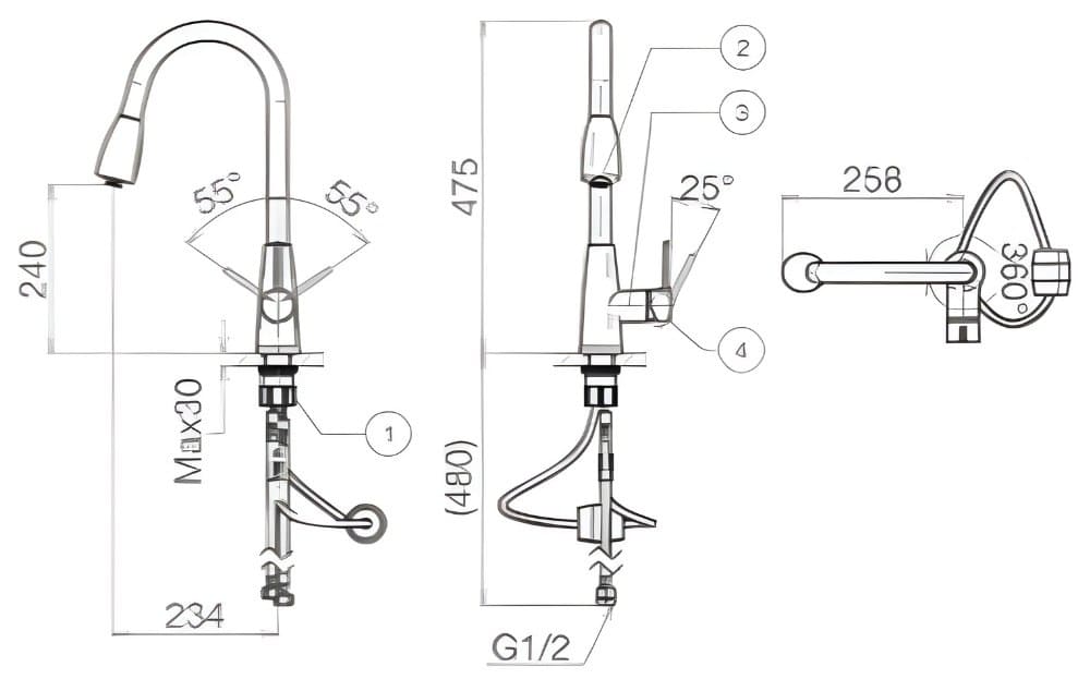 Bản vẽ kỹ thuật Vòi chậu rửa bát nóng lạnh Viglacera VG768