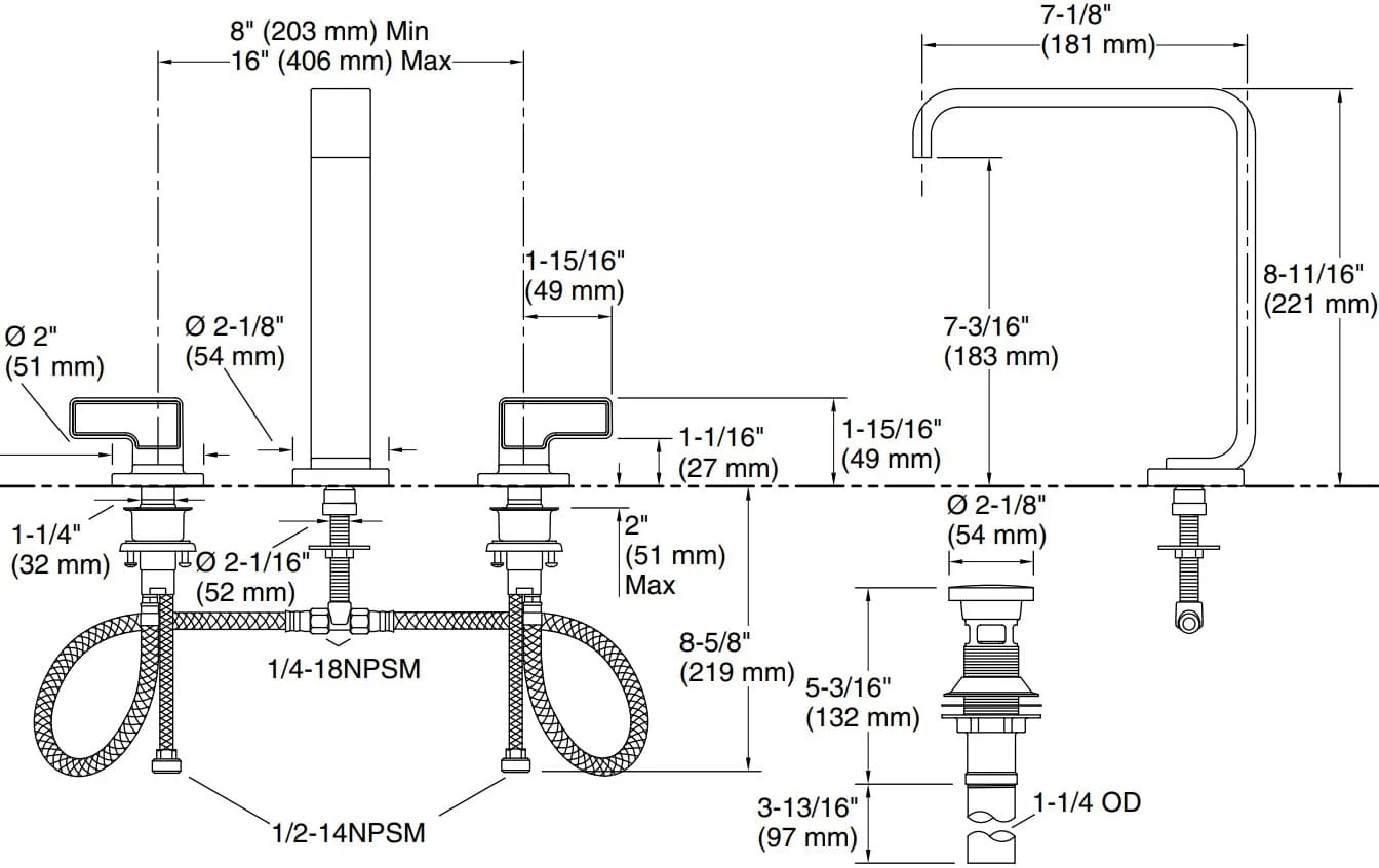 Bản vẽ vòi lavabo nóng lạnh gắn chậu Kallista P34232