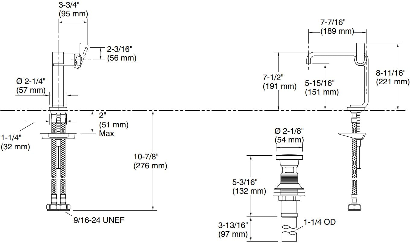 Bản vẽ vòi lavabo nóng lạnh gắn chậu Kallista P34234
