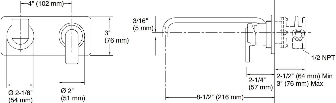 Bản vẽ vòi lavabo nóng lạnh gắn tường Kallista P34235