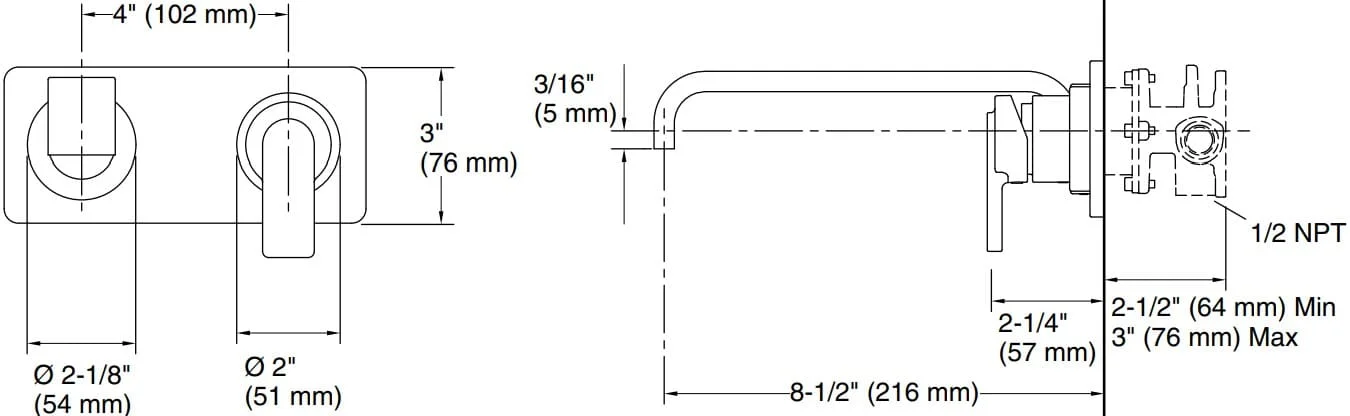 Bản vẽ vòi lavabo nóng lạnh gắn tường Kallista P34235