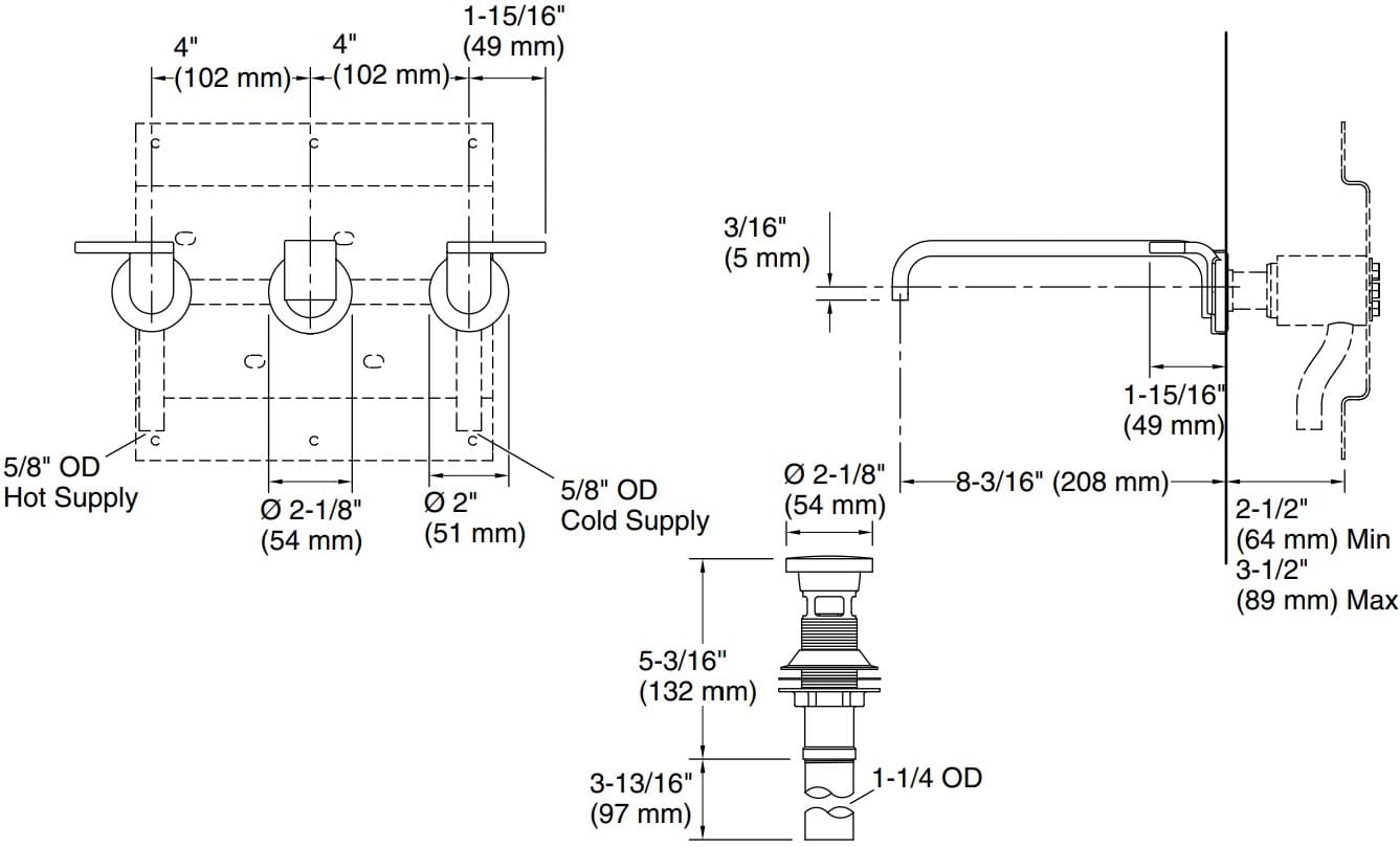 Bản vẽ vòi lavabo nóng lạnh gắn tường Kallista P34236