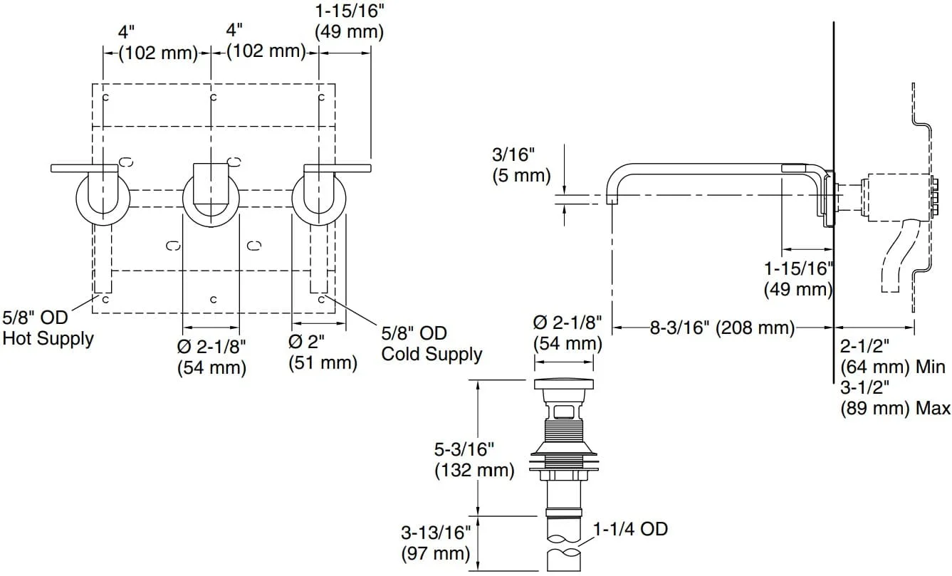 Bản vẽ vòi lavabo nóng lạnh gắn tường Kallista P34236