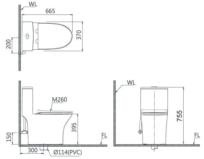 Bản vẽ bồn cầu 1 khối nắp êm Caesar C1391 