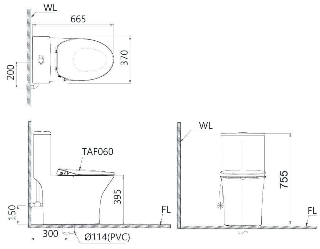 Bản vẽ kỹ thuật Bồn cầu 1 khối nắp rửa cơ Caesar C1391+TAF060 