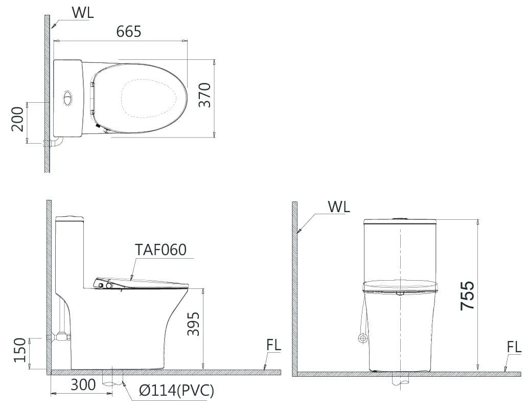 Bản vẽ kỹ thuật Bồn cầu 1 khối nắp rửa cơ Caesar C1391+TAF060 