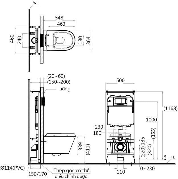 Bản vẽ kỹ thuật Bồn cầu treo tường Caesar CPT1505