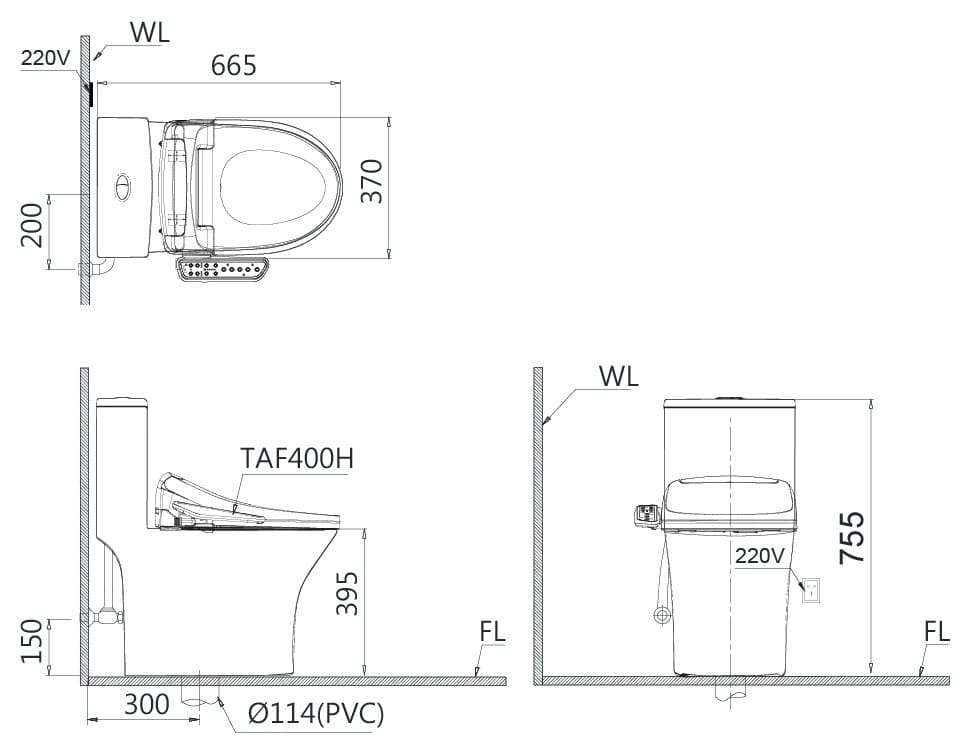 Bản vẽ kỹ thuật Bồn cầu 1 khối nắp điện tử Caesar C1391+TAF400H 
