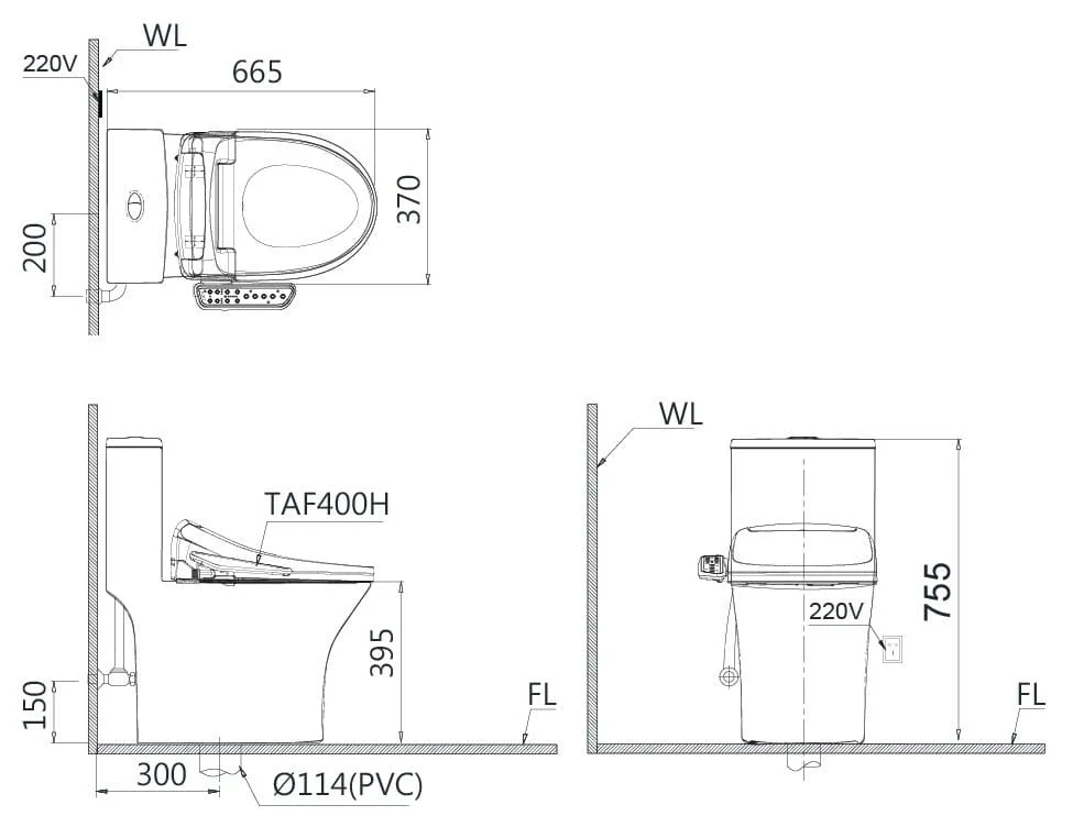 Bản vẽ kỹ thuật Bồn cầu 1 khối nắp điện tử Caesar C1391+TAF400H 