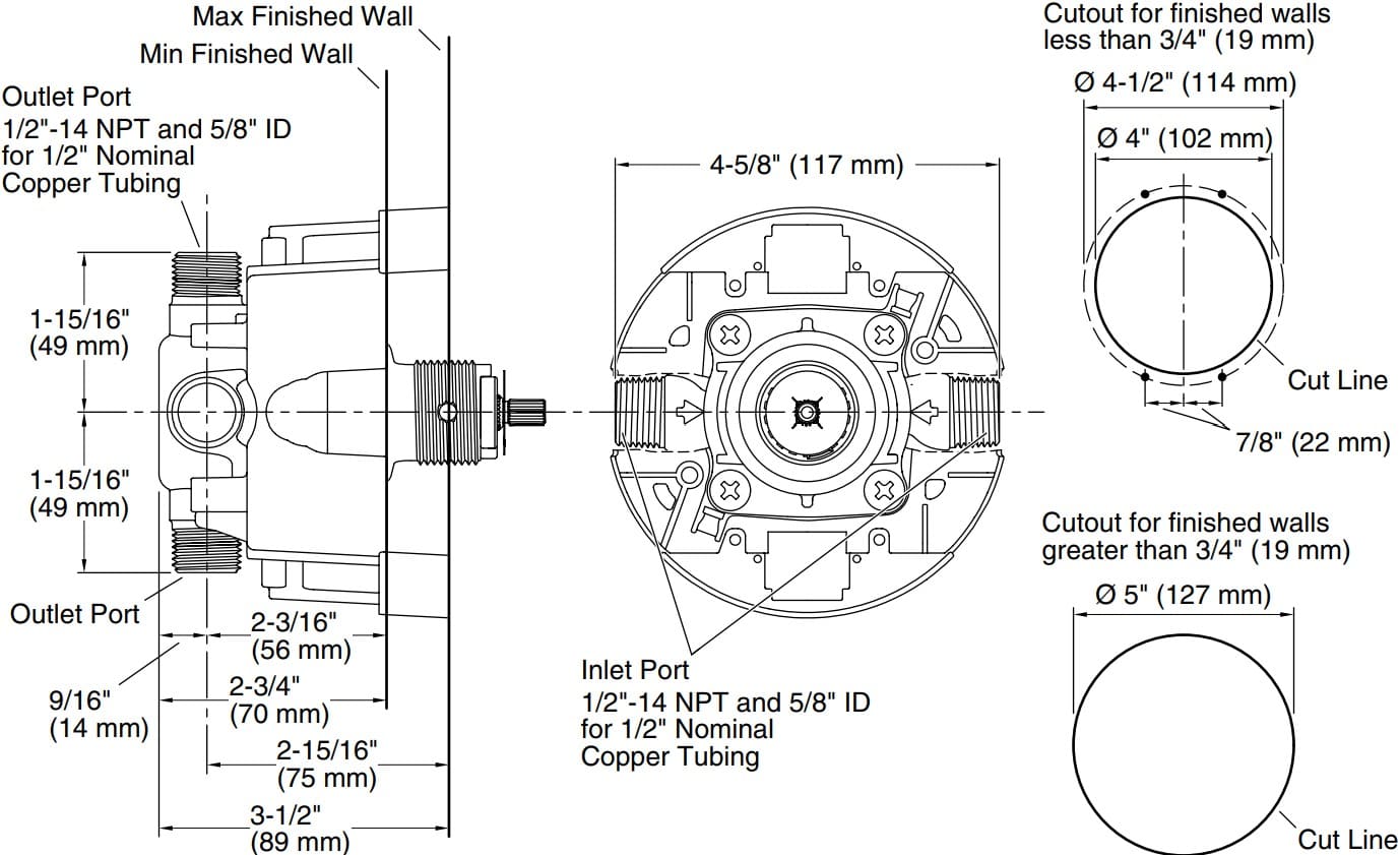 Bản vẽ van cân bằng áp suất âm tường Kallista P19310-00-NA