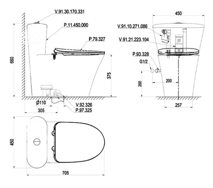 Bản vẽ kỹ thuật bồn cầu 1 khối nắp rơi êm Platinum P11.450