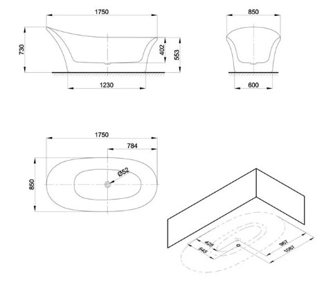 Bản vẽ kỹ thuật bồn tắm đặt sàn cao cấp Axent T721-0001-M1