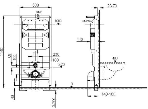Bản vẽ kỹ thuật Khung két nước âm tường cơ chế khí nén Axent Q738-0101-M1