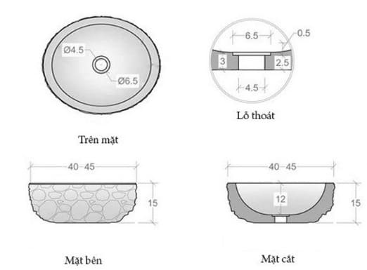 Bản vẽ kỹ thuật Chậu lavabo đặt bàn đá tự nhiên Kanly ONY51i 