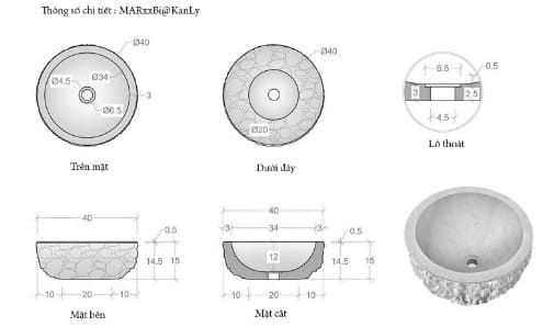 Bản vẽ kỹ thuật Chậu lavabo đặt bàn đá Marble tự nhiên Kanly MAR14Bi