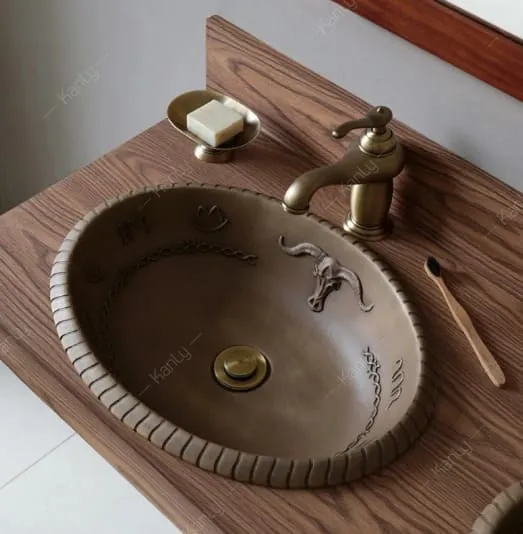 Chậu lavabo đặt bàn đồng thau họa tiết đầu trâu Kanly BS026 
