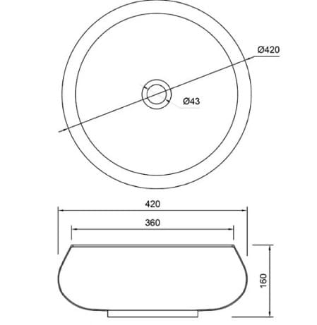 Bản vẽ kỹ thuật chậu lavabo đặt bàn đồng đỏ Kanly RSC121V 