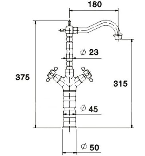 Bản vẽ kỹ thuật vòi lavabo nóng lạnh bằng đồng cổ điển Kanly GCA01 