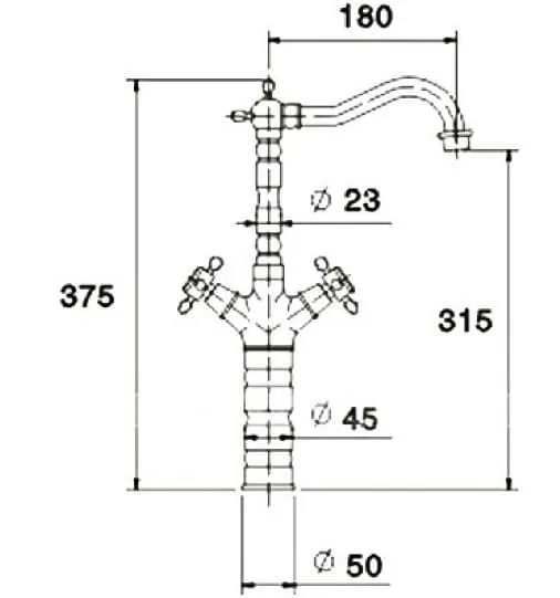 Bản vẽ kỹ thuật vòi lavabo nóng lạnh bằng đồng cổ điển Kanly GCA01 