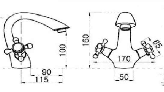 Bản vẽ kỹ thuật vòi lavabo nóng lạnh bằng đồng cổ điển Kanly GCV07 