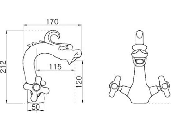 Bản vẽ kỹ thuật vòi lavabo nóng lạnh bằng đồng hình đầu rồng Kanly GCV10 
