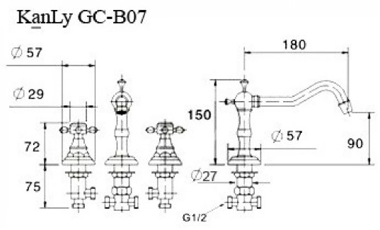 Bản vẽ kỹ thuật vòi lavabo nóng lạnh 3 lỗ bằng đồng cổ điển Kanly GCB07 
