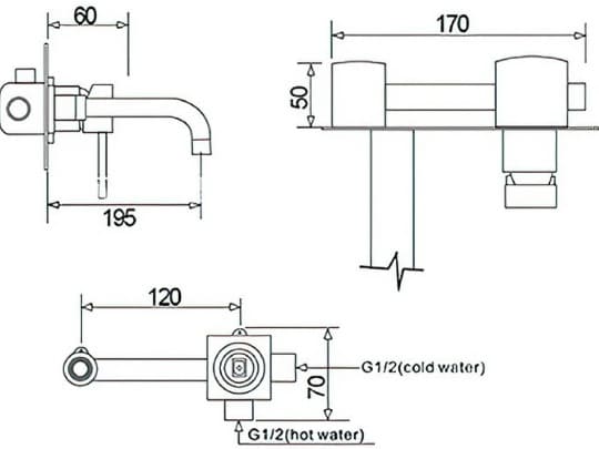 Bản vẽ kỹ thuật vòi lavabo nóng lạnh âm tường bằng đồng cổ điển Kanly GCT04 
