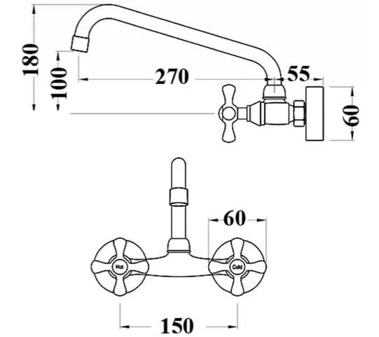 Bản vẽ kỹ thuật vòi lavabo nóng lạnh âm tường bằng đồng cổ điển Kanly GCT05
