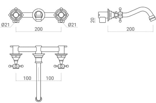 Bản vẽ kỹ thuật vòi lavabo nóng lạnh âm tường bằng đồng cổ điển Kanly GCT08 