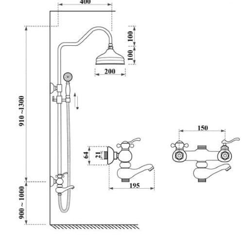 Bản vẽ kỹ thuật sen tắm đứng nóng lạnh bằng đồng Kanly GCS11