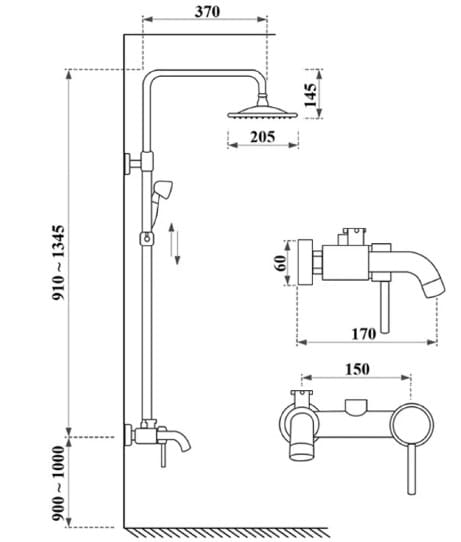 Bản vẽ kỹ thuật sen tắm đứng nóng lạnh bằng đồng Kanly GCS18 