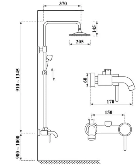 Bản vẽ kỹ thuật sen tắm đứng nóng lạnh bằng đồng Kanly GCS18 