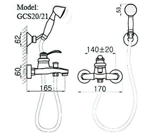 Bản vẽ kỹ thuật sen tắm nóng lạnh bằng đồng Kanly GCS21