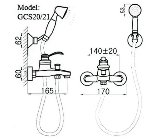 Bản vẽ kỹ thuật sen tắm nóng lạnh bằng đồng Kanly GCS21