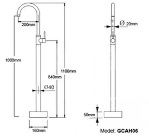 Bản vẽ kỹ thuật sen bồn tắm nóng lạnh đặt sàn bằng đồng cổ điển Kanly GCAH6 