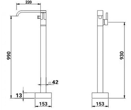 Bản vẽ kỹ thuật sen bồn tắm nóng lạnh đặt sàn bằng đồng cổ điển Kanly GCAH7 