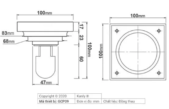 Bản vẽ kỹ thuật phễu thoát sàn bằng đồng Kanly GCP09