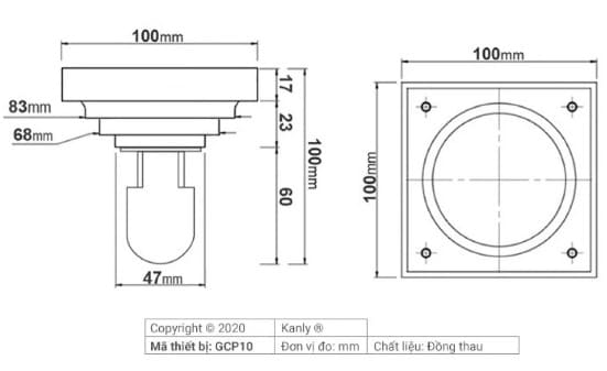Bản vẽ kỹ thuật phễu thoát sàn bằng đồng Kanly GCP10 