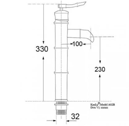 Bản vẽ kỹ thuật vòi lavabo nóng lạnh màu đen hình ống tre Kanly GCA02B 
