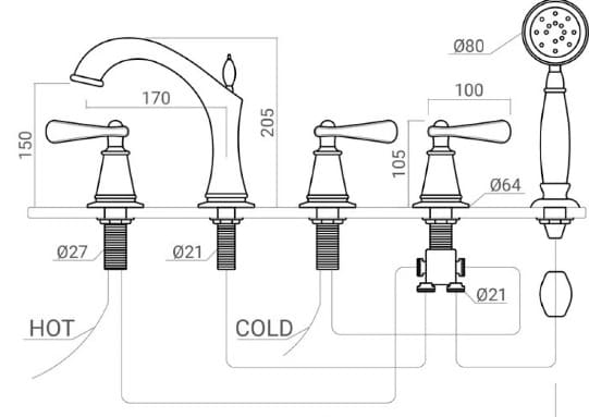 Bản vẽ kỹ thuật sen bồn tắm gắn bồn 5 lỗ nóng lạnh bằng đồng màu đen Kanly GCB06B 