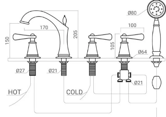 Bản vẽ kỹ thuật sen bồn tắm gắn bồn 5 lỗ nóng lạnh bằng đồng màu đen Kanly GCB06B 