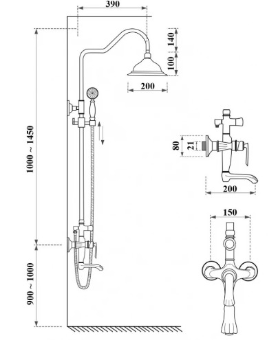 Bản vẽ kỹ thuật sen cây nóng lạnh cổ điển màu đen Kanly GCS13B