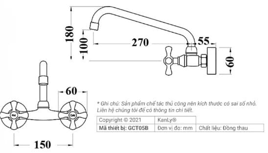 Bản vẽ kỹ thuật vòi rửa bát nóng lạnh màu đen gắn tường Kanly GCT05B 