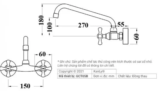 Bản vẽ kỹ thuật vòi rửa bát nóng lạnh màu đen gắn tường Kanly GCT05B