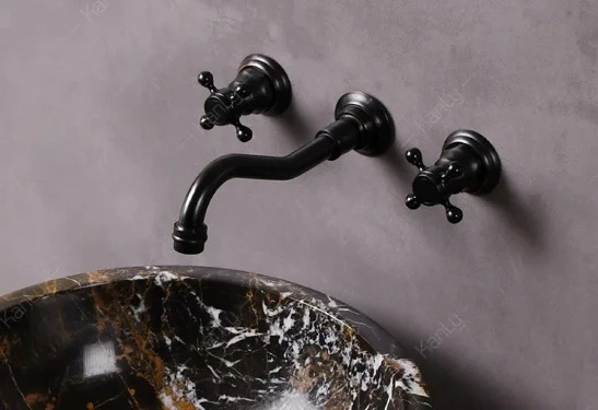 Vòi lavabo nóng lạnh màu đen gắn tường Kanly GCT08B 