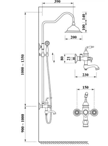 Bản vẽ kỹ thuật sen cây nóng lạnh cổ điển màu đen Kanly GCS14B 